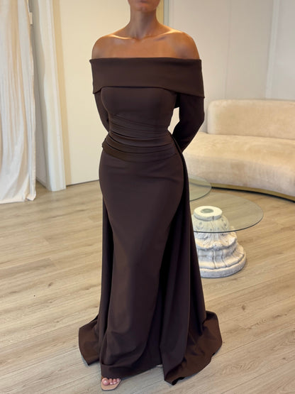 Off-the-Shoulder Pleated Waist Gown with Train