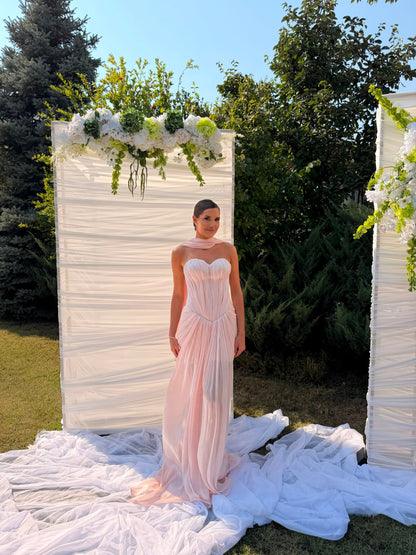 Strapless Corset Evening Dress with Scarf