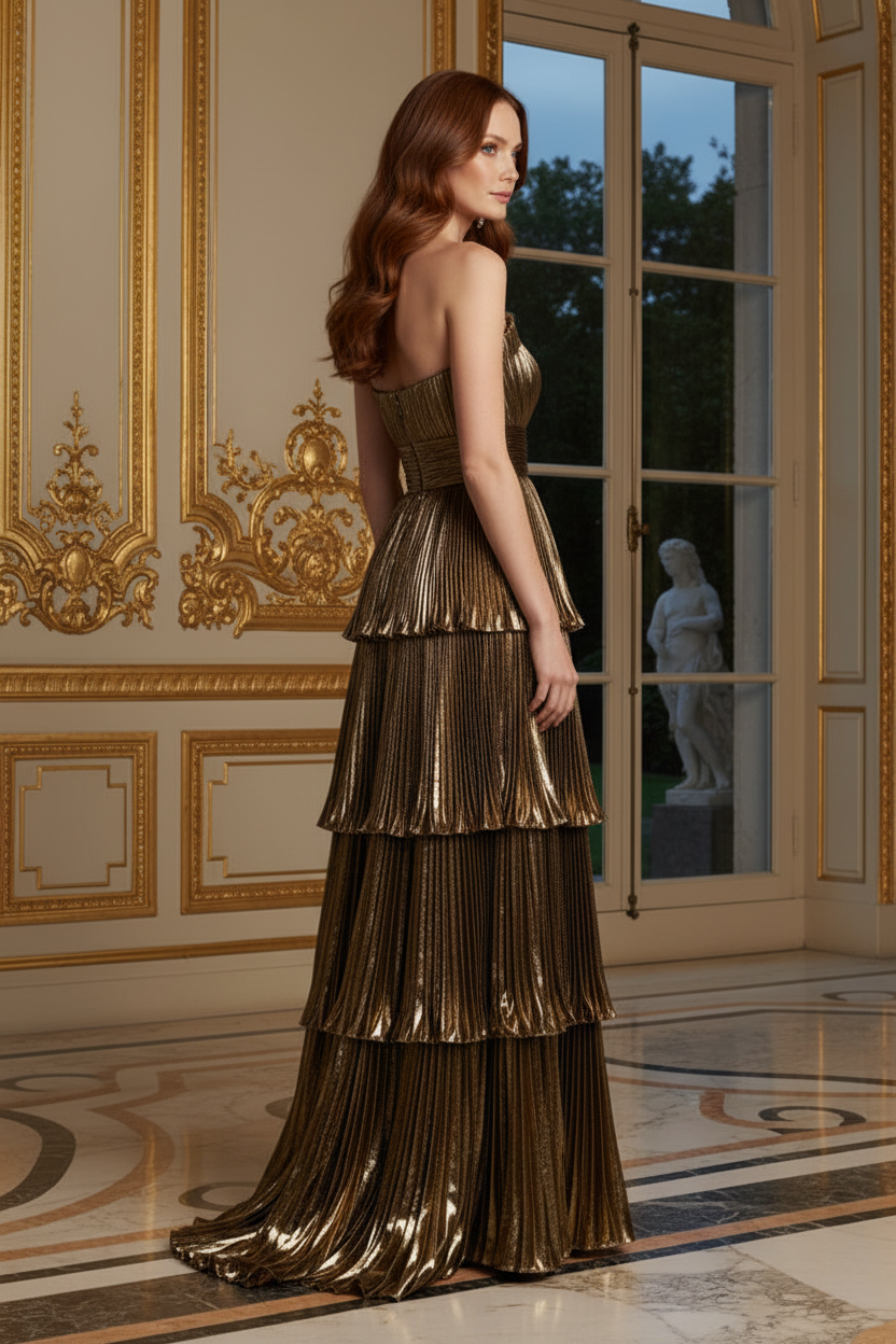 Strapless Tiered Pleated Metallic Maxi Dress