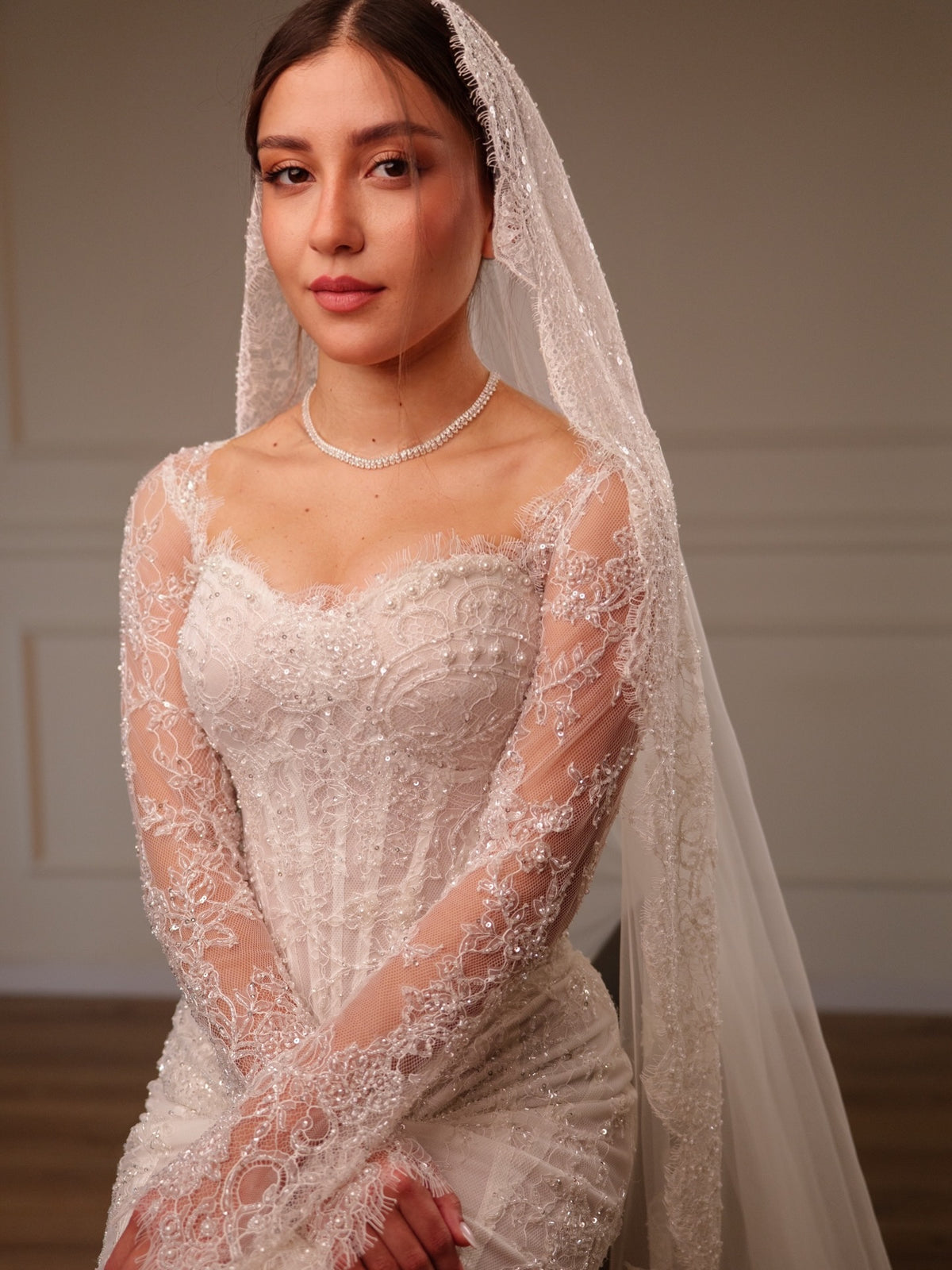Corset Lace Mermaid Wedding Dress with Long Sleeves