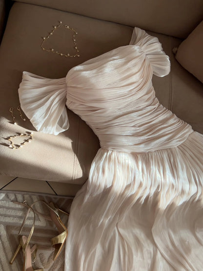 Ruched Off-the-Shoulder Pleated Maxi Gown