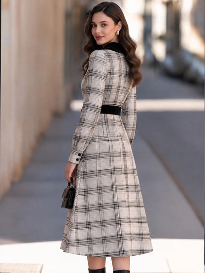 Plaid Midi Dress with Contrast Lapel & Sash