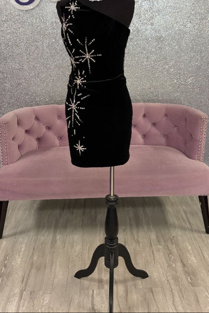 One Shoulder Velvet Mini Dress with Star Rhinestones