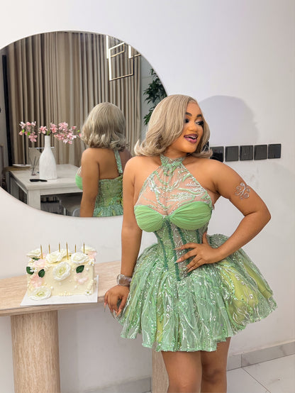 Halter Neck Corset Mini Dress with Voluminous Skirt