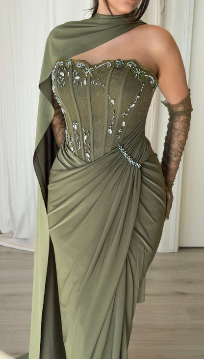 Corset Gown with Scarf Neckline and Gloves