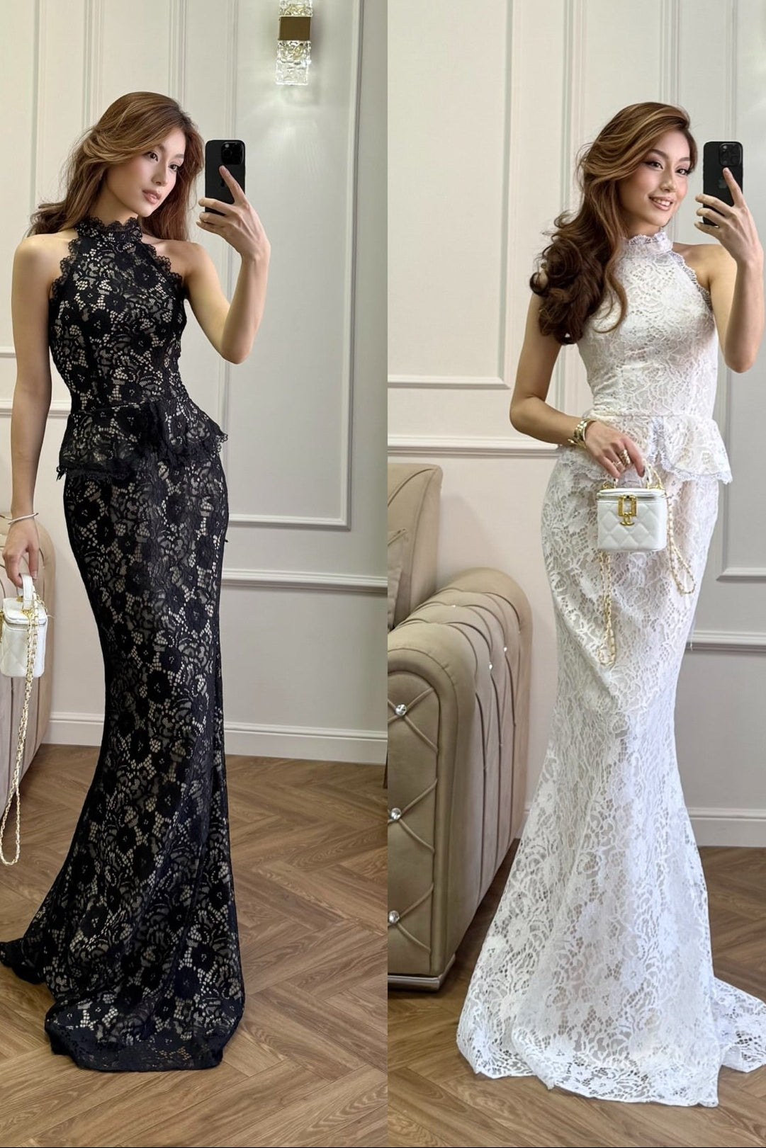 Halter High Neck Peplum Lace Mermaid Maxi Dress