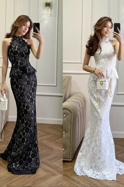 Halter High Neck Peplum Lace Mermaid Maxi Dress