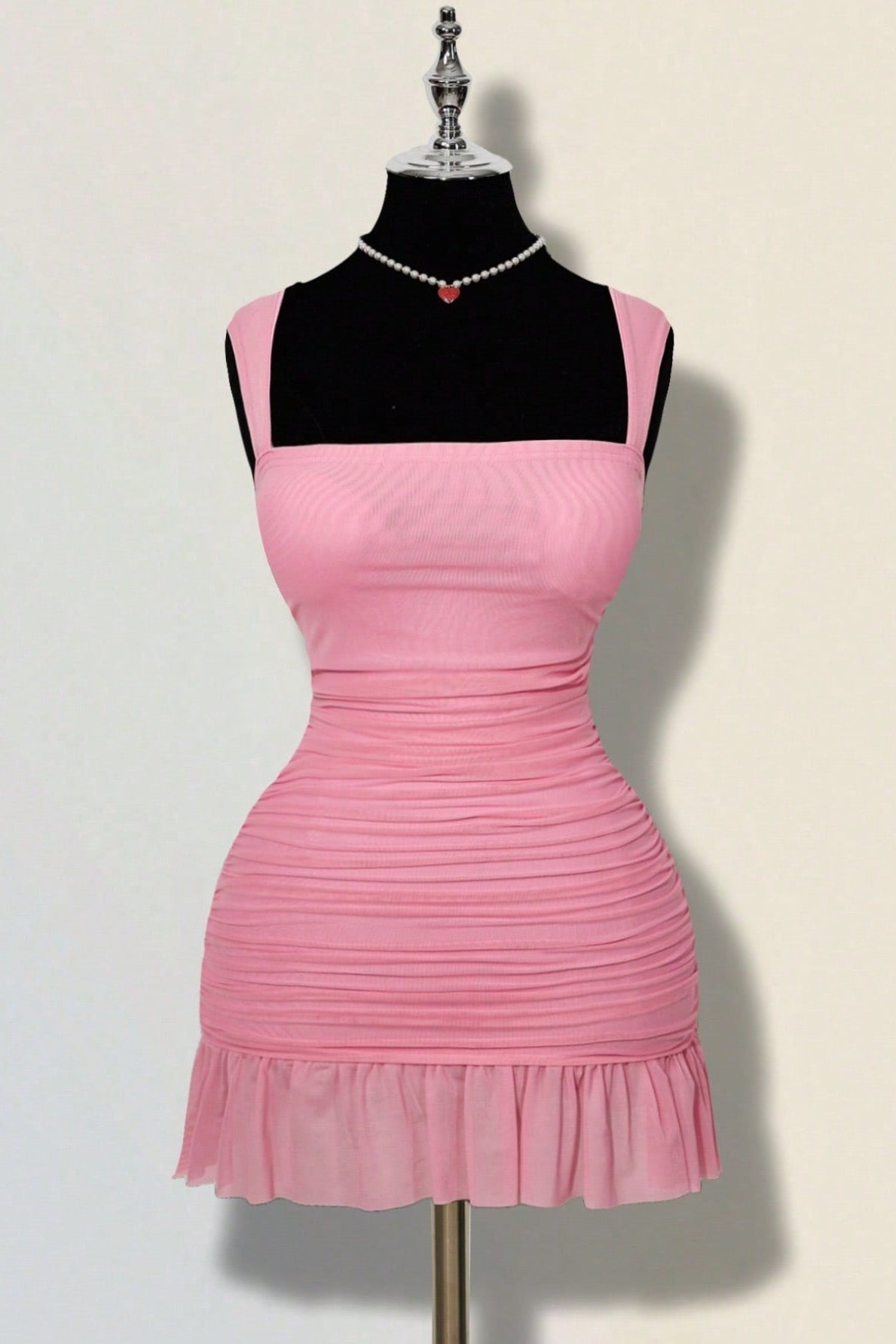 Ruched Square Neck Mini Dress with Ruffle Hem