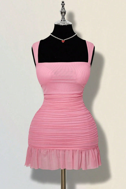 Ruched Square Neck Mini Dress with Ruffle Hem