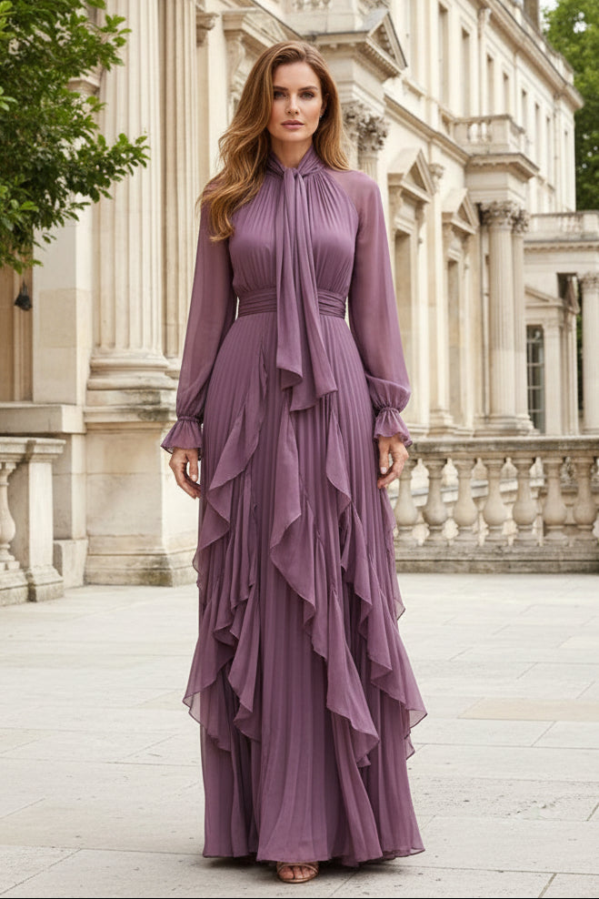 Pleated Tie-Neck Maxi Dress with Long Sleeves