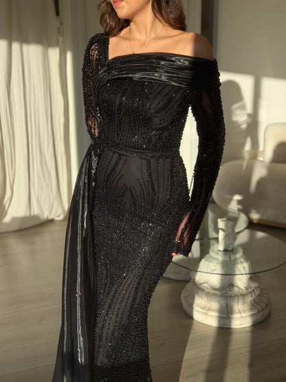 Beaded Off-the-Shoulder Gown with Side Drape