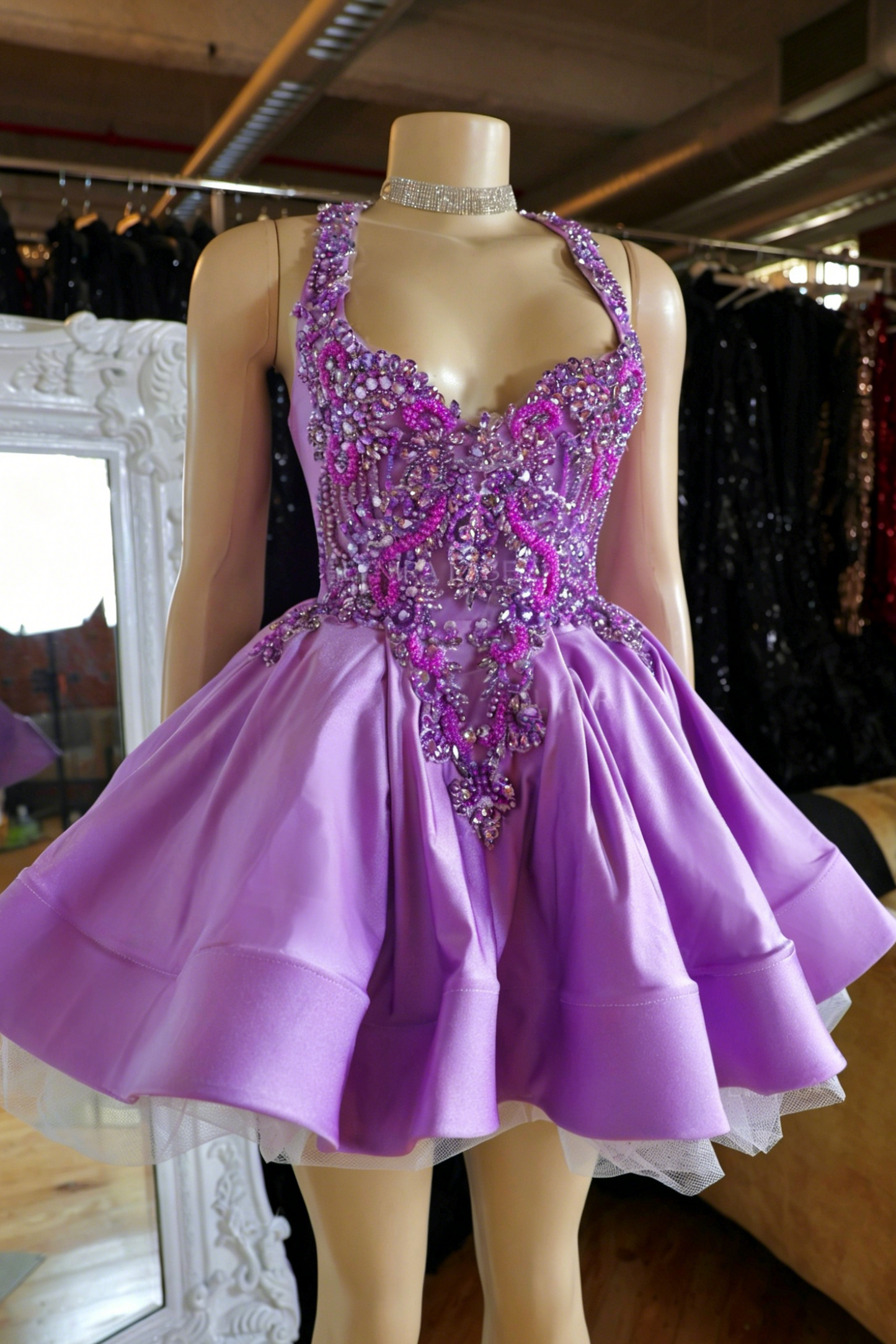 Crystal Beaded Halter Mini Dress with Full Skirt