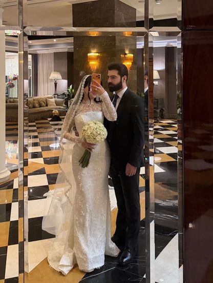 High Neck Lace Mermaid Wedding Dress with Long Sleeves