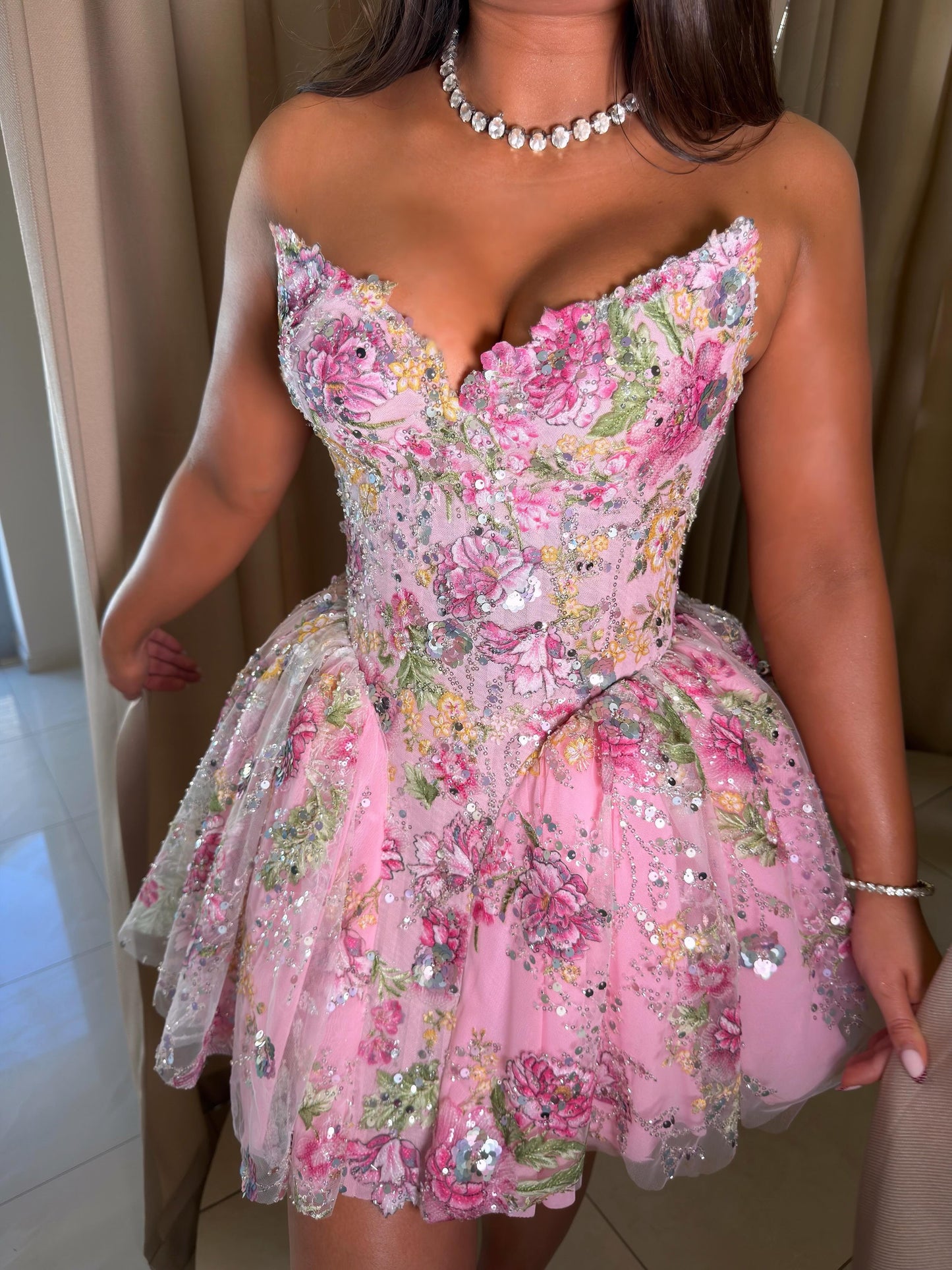 Strapless Floral Embroidered Mini Corset Dress