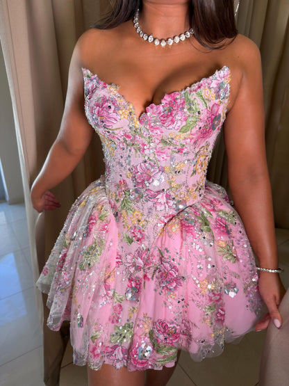 Strapless Floral Embroidered Mini Corset Dress
