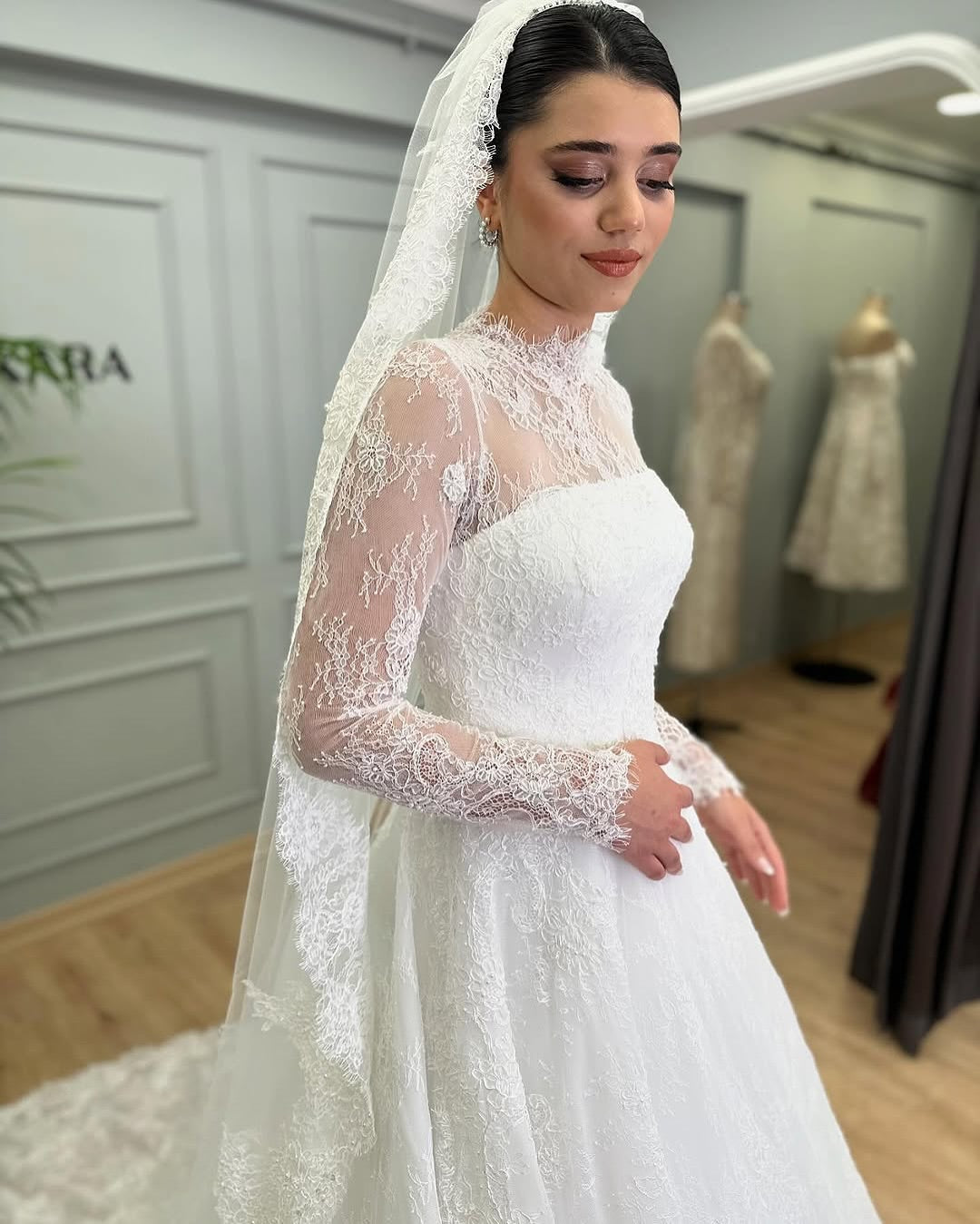 Lace Illusion Long Sleeve A-Line Wedding Dress