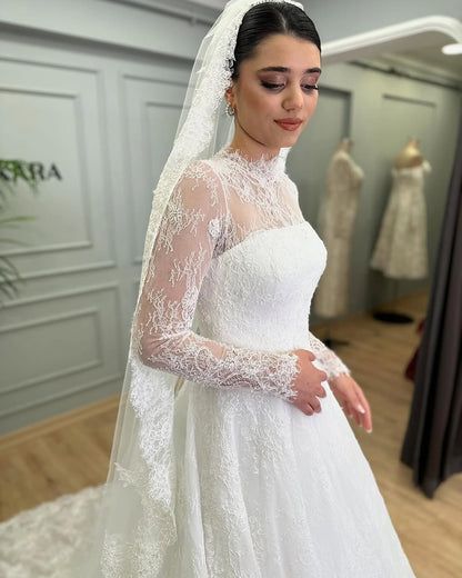 Lace Illusion Long Sleeve A-Line Wedding Dress