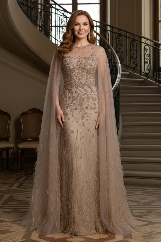 Beaded Sheath Gown with Sheer Feather Cape