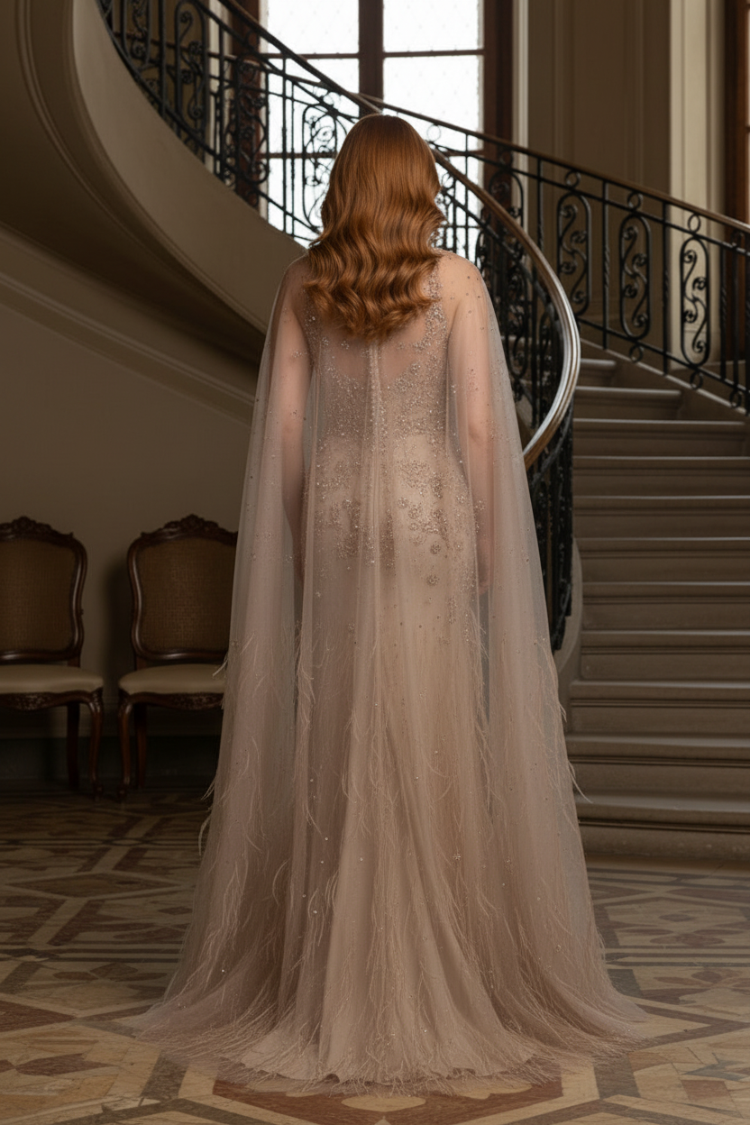 Beaded Sheath Gown with Sheer Feather Cape