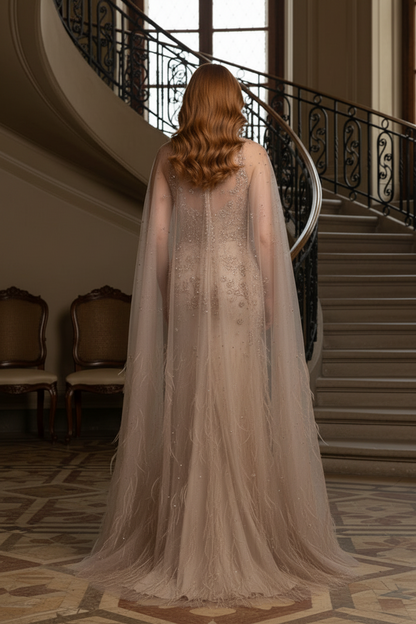 Beaded Sheath Gown with Sheer Feather Cape