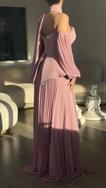 Pleated Maxi Evening Dress with Scalloped Crystal Trim