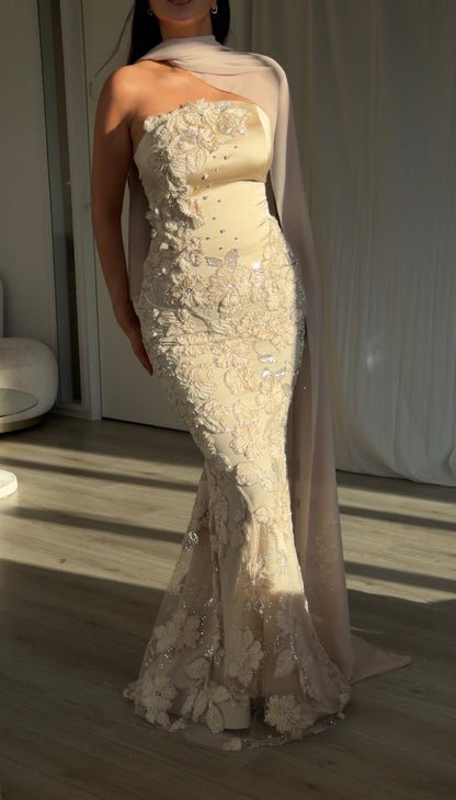 Strapless 3D Floral Mermaid Gown with Scarf