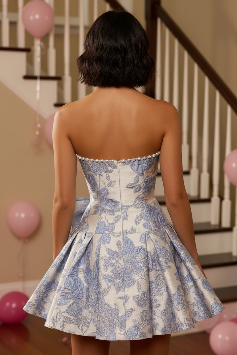 Strapless Jacquard A-Line Mini Dress with Bow