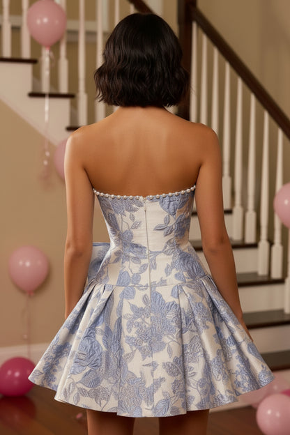 Strapless Jacquard A-Line Mini Dress with Bow