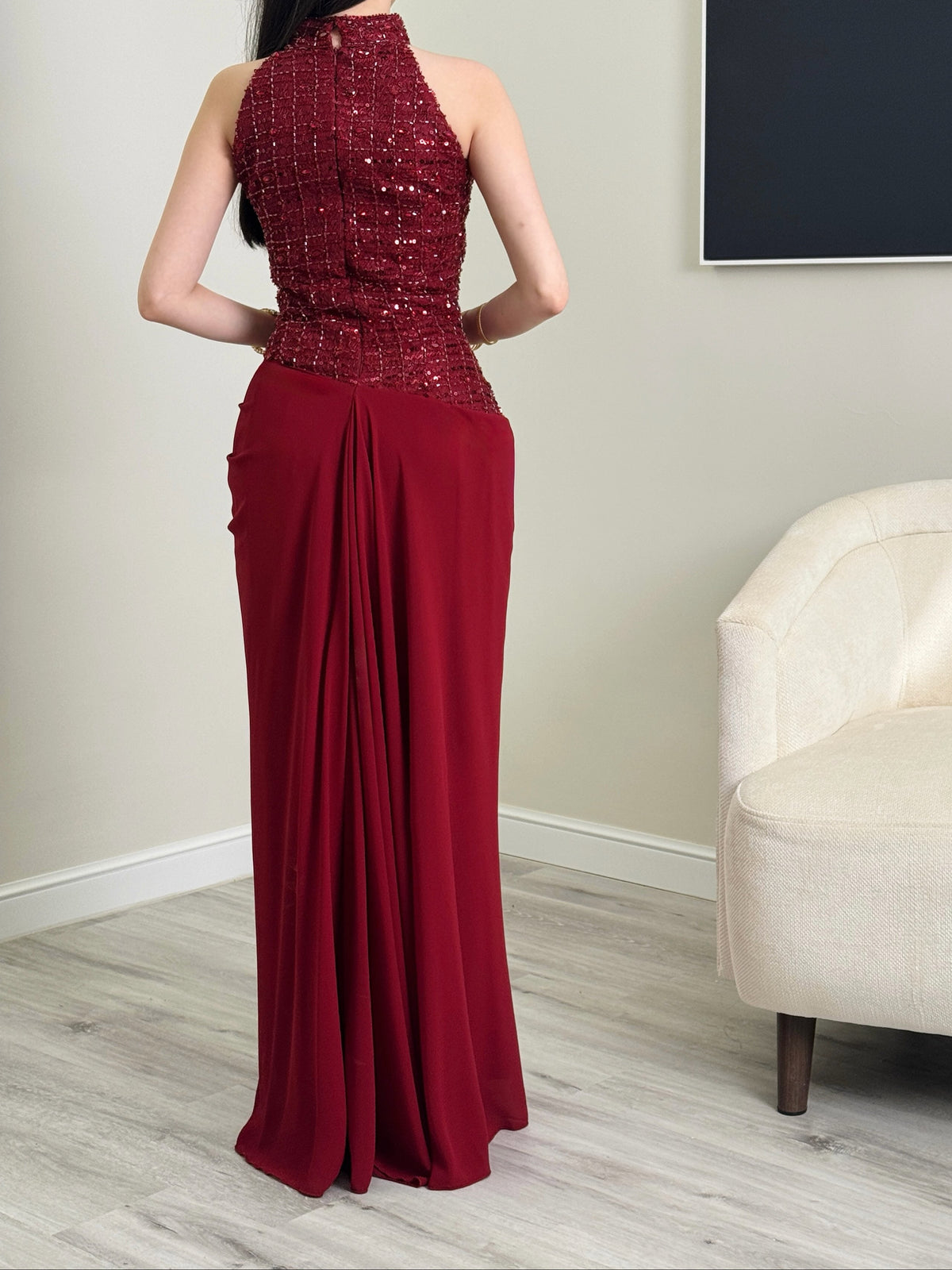 High Neck Beaded Sequin Bodice Draped Evening Gown