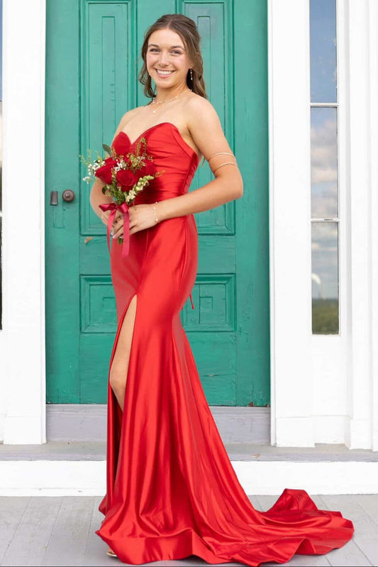 Strapless Satin Mermaid Gown with High Slit