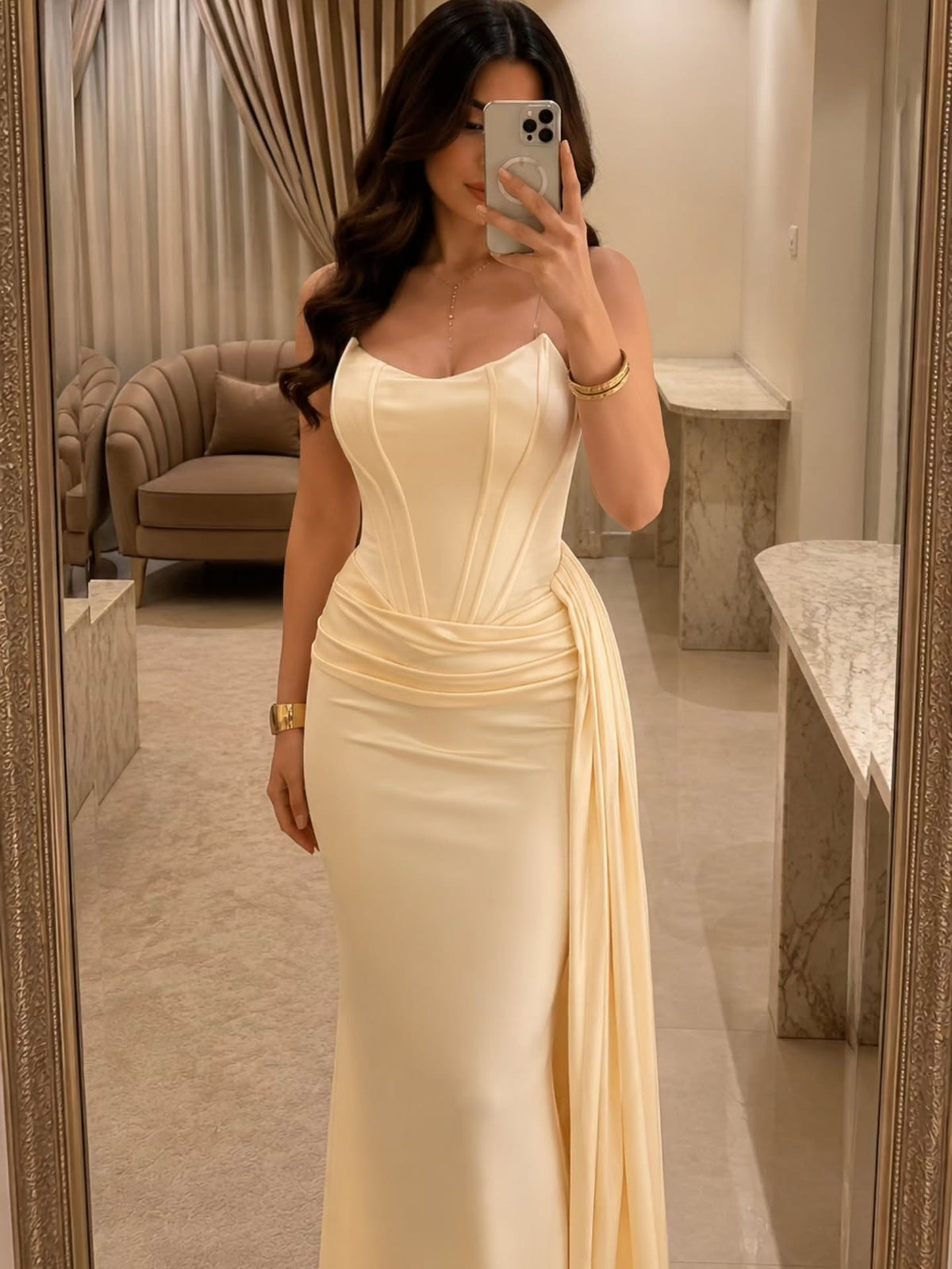 Corset Satin Evening Gown with Slit and Drape