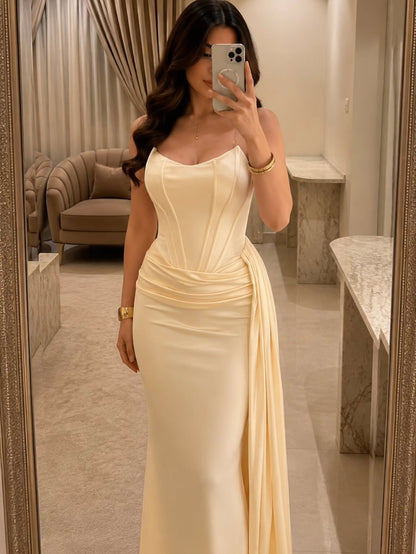 Corset Satin Evening Gown with Slit and Drape