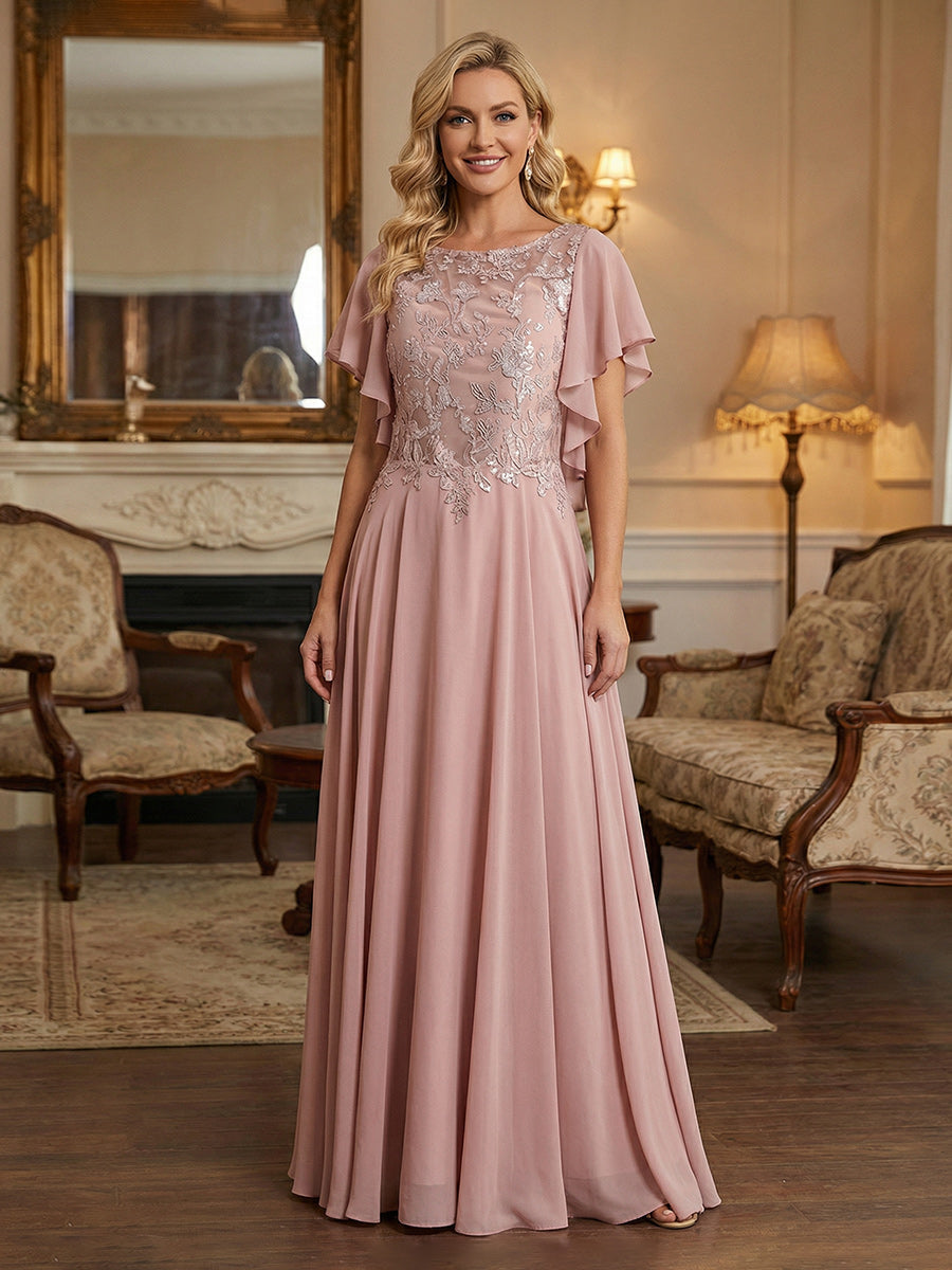 Flutter Sleeve Chiffon Evening Dress with Lace Bodice