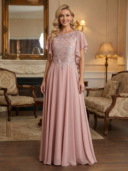 Flutter Sleeve Chiffon Evening Dress with Lace Bodice