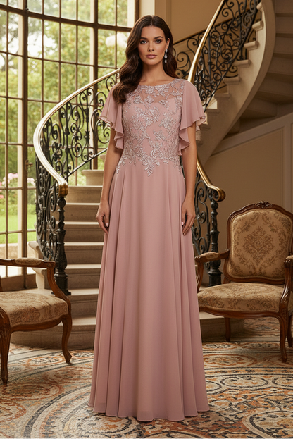 Flutter Sleeve Chiffon Evening Dress with Lace Bodice