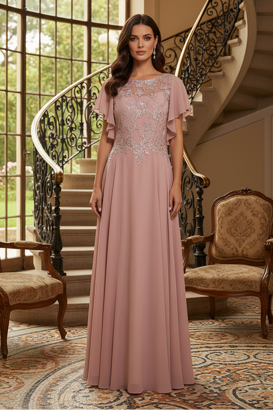 Flutter Sleeve Chiffon Evening Dress with Lace Bodice