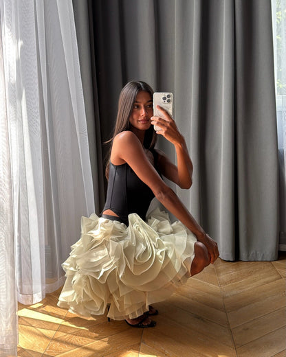 Corset Bodice Mini Dress with 3D Rose Ruffle Skirt