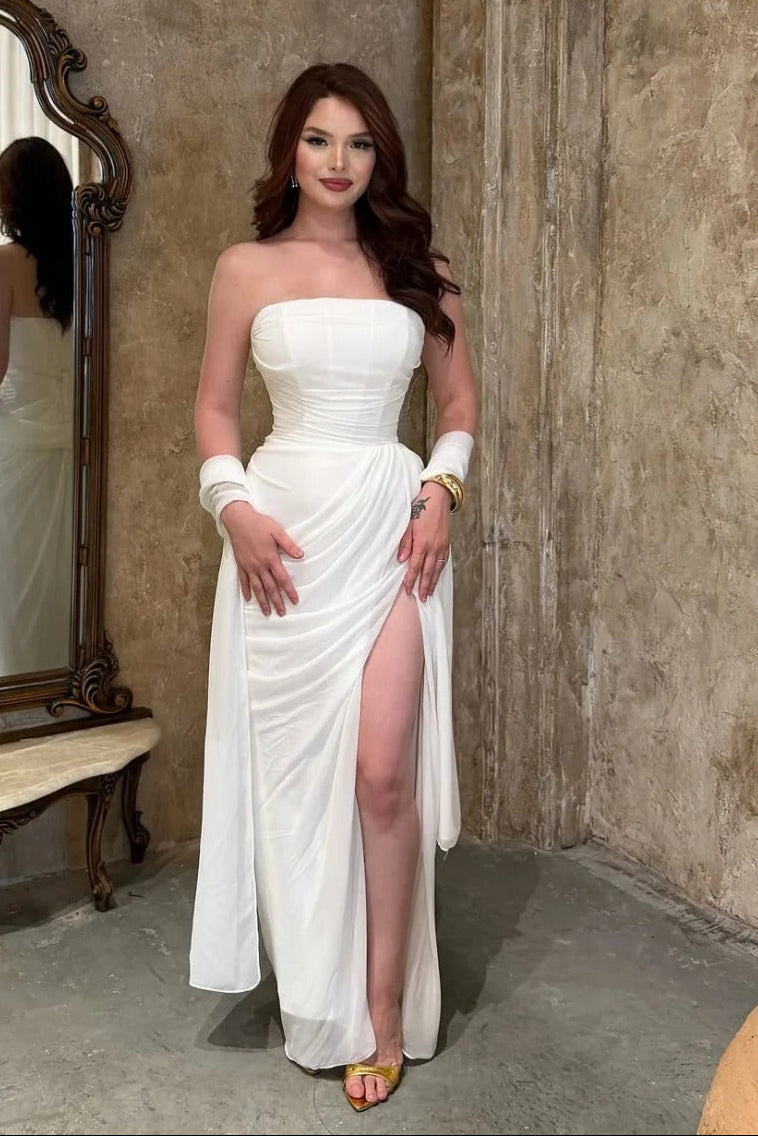 Strapless Ruched Maxi Dress with High Slit and Shawl