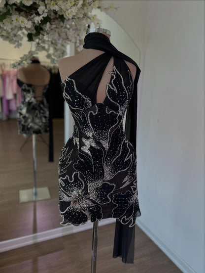 Asymmetrical Beaded Corset Mini Dress