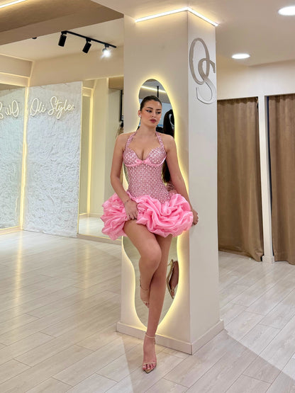 Halter Corset Crystal Beaded Ruffle Mini Dress