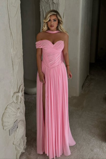 Off-the-Shoulder Pleated Gown with Corset Bodice