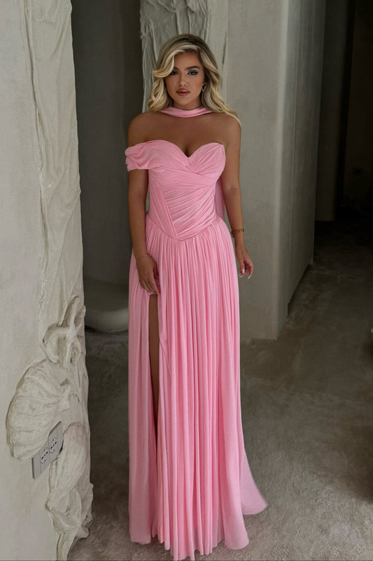 Off-the-Shoulder Pleated Gown with Corset Bodice