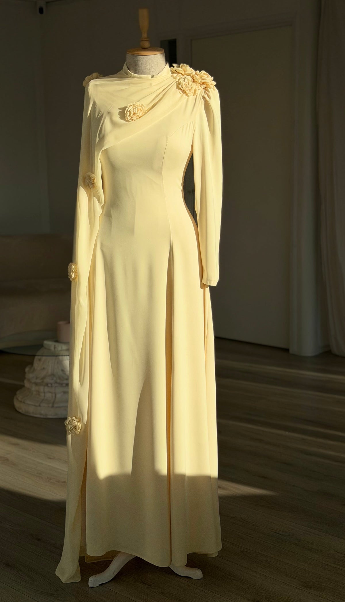 High-Neck Maxi Gown with Draped Rosette Cape