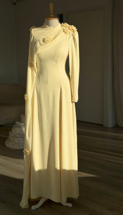 High-Neck Maxi Gown with Draped Rosette Cape