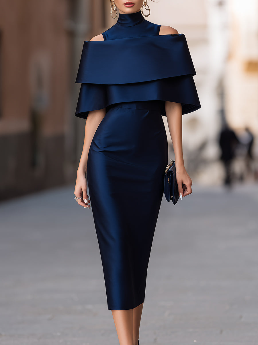 Tiered Cape High-Neck Midi Sheath Dress