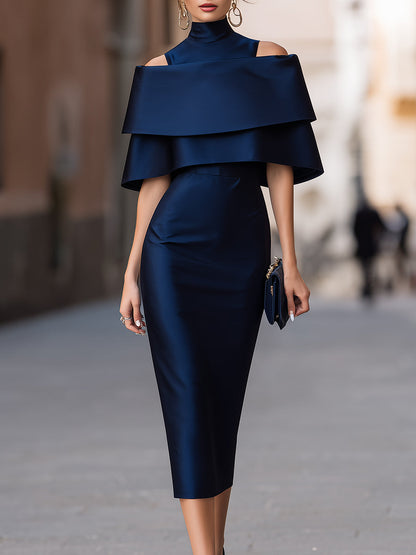 Tiered Cape High-Neck Midi Sheath Dress