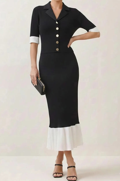 Collared Midi Knit Skirt Set with Contrast Trim