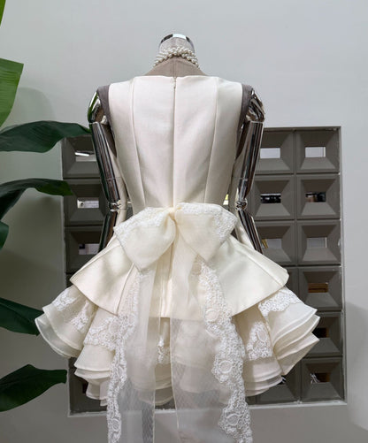 Square Neck Ruffled Mini Dress with Back Bow