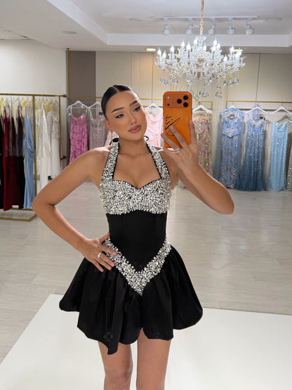Rhinestone Halter Bustier Bubble Mini Dress