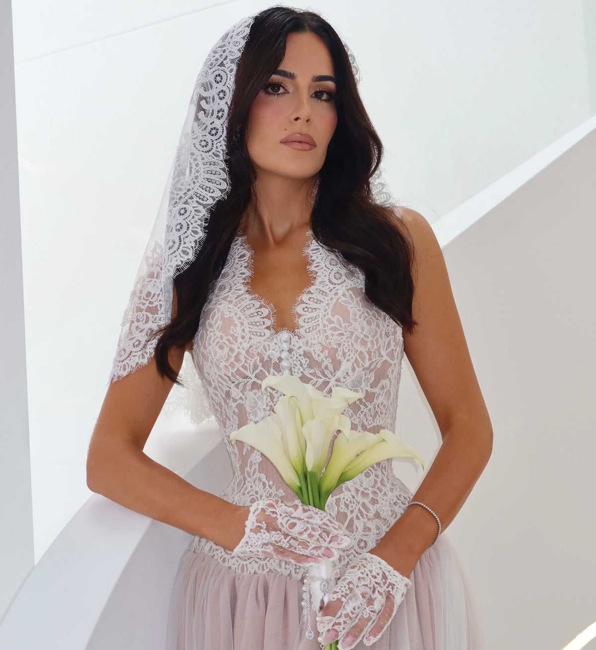 Lace Bodice Tulle Wedding Dress with Train